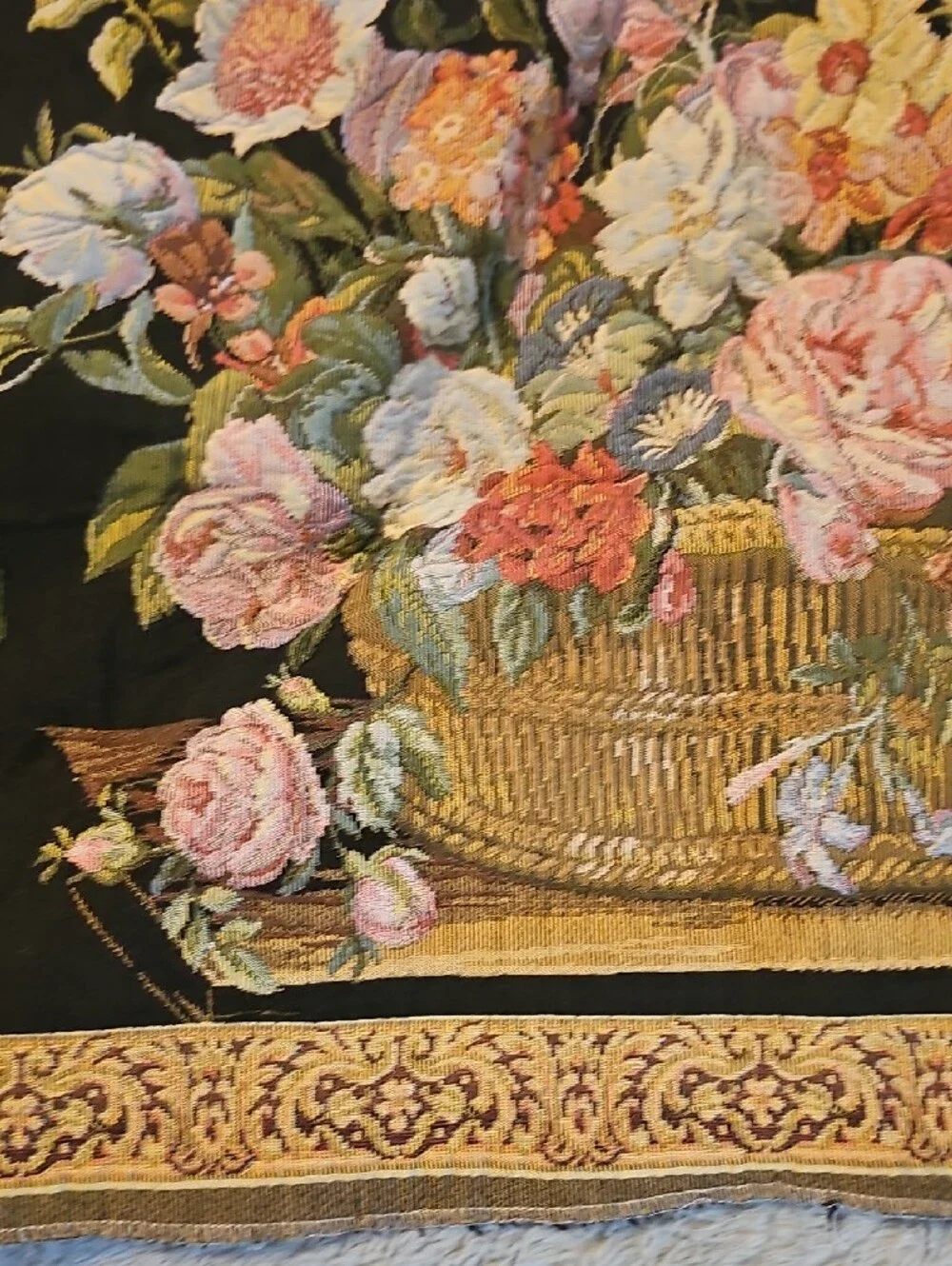 Vintage Black Tapestry Floral Basket Home Decor 70s Wall Hanging 27 X 25